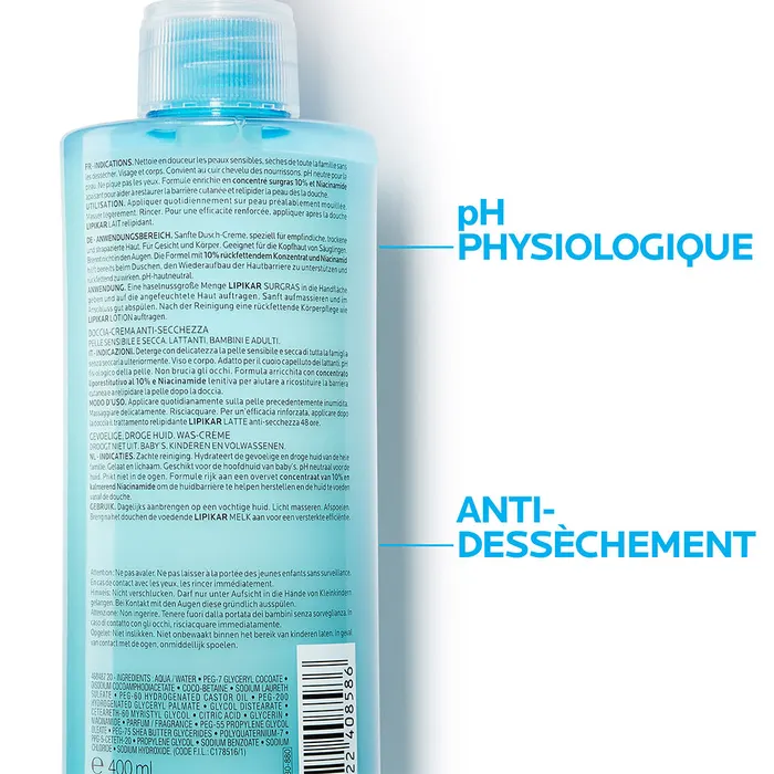 La Roche-Posay Lipikar Crème lavante douche Surgras bébé à l’adulte Peaux sèches 400ml – Image 4